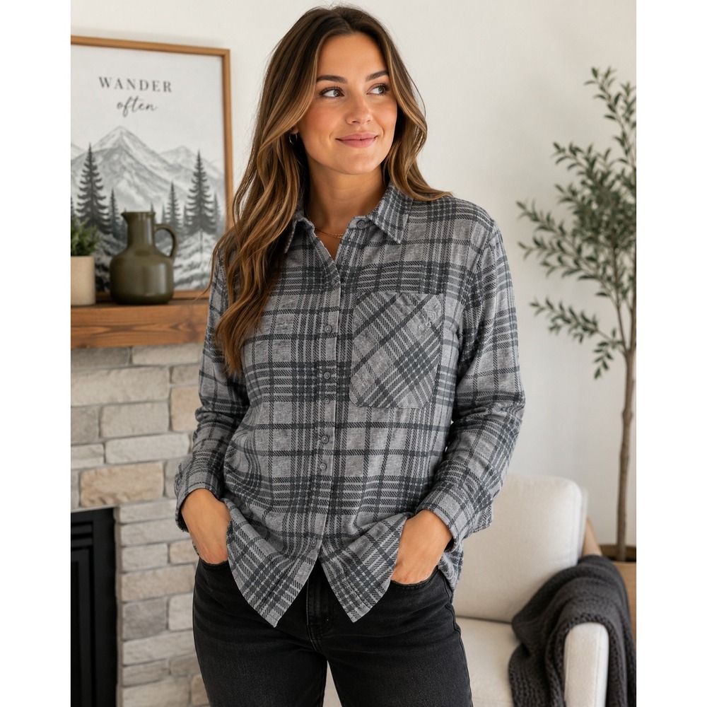 PINK Victoria's Secret Grey Plaid Oversized Fleece Button Down Shirt XL NWT